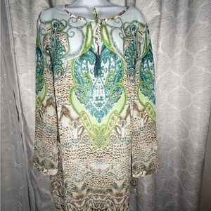 Chico’s Tunic Blouse Size 2 US 12/14 Paisley Animal Print Tassel Tie Boho Top